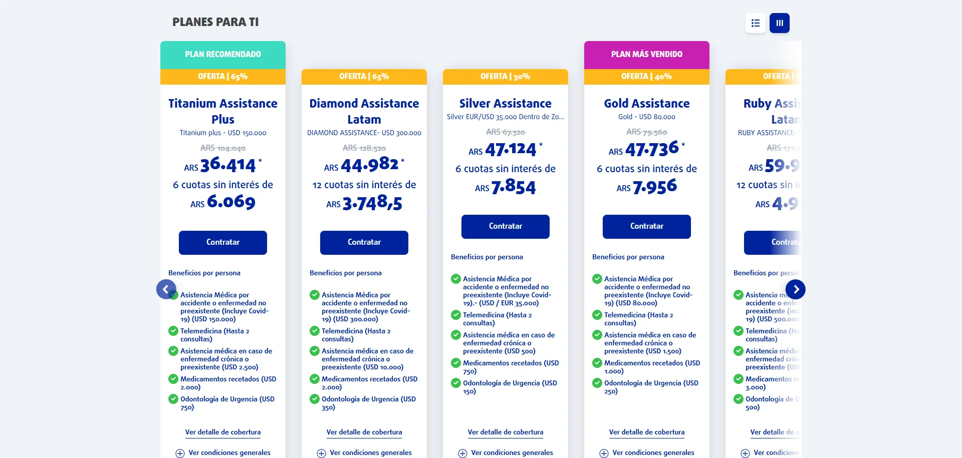 Los planes cotizados para un viaje a Latinoamérica desde Argentina: cinco tarjetas con el precio en pesos, el descuento aplicado y las cuotas sin interés de cada una.