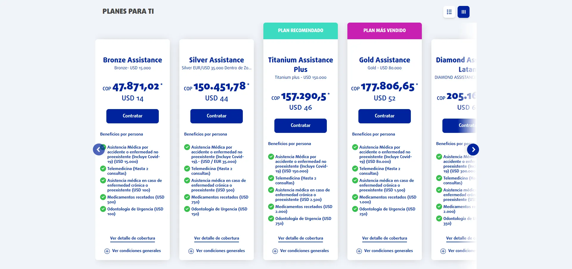 El mismo cotizador servido para Colombia: cambia el catálogo de planes y el precio sale en pesos colombianos con su equivalente en dólares.