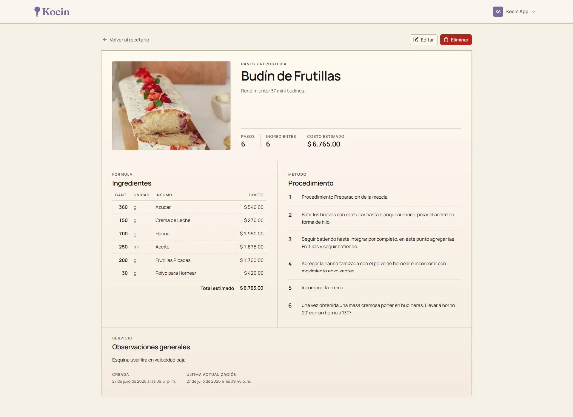 Una receta abierta: el rendimiento en porciones, los seis ingredientes con su cantidad exacta y lo que cuesta cada uno, y el total estimado de la partida en 6.765 pesos.