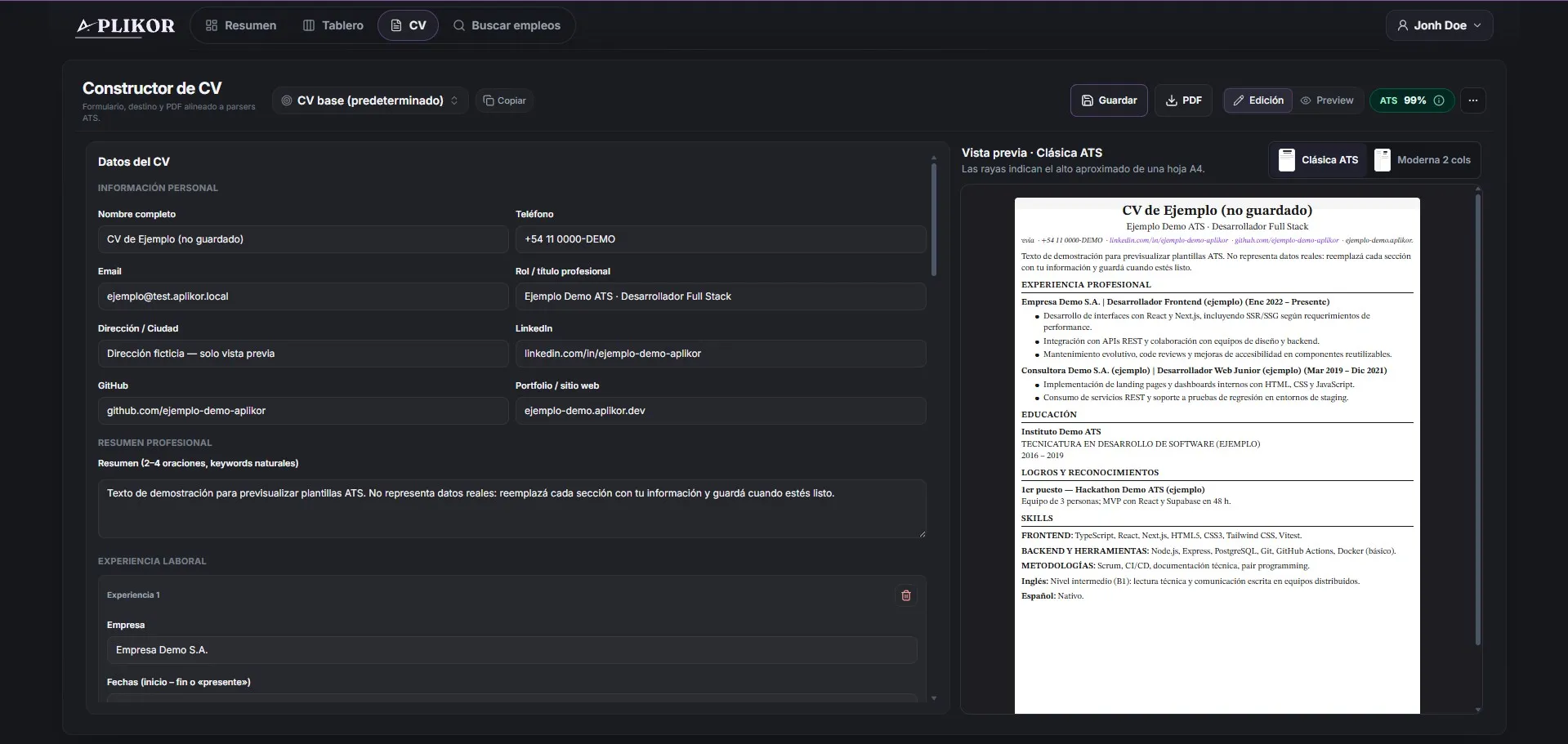 El constructor de CV: el formulario a la izquierda y la vista previa en plantilla ATS a la derecha, con el puntaje ATS en 99 sobre 100.