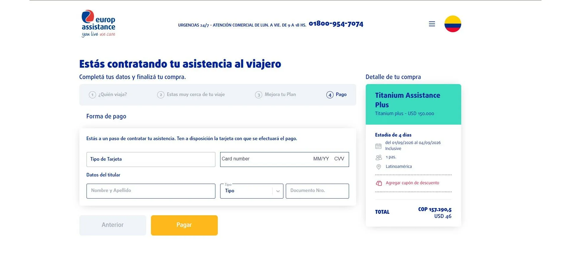 El mismo paso en Colombia: d-local inyecta su propio campo de tarjeta —número, vencimiento y CVV juntos, y rotulado en inglés— dentro del formulario del sitio.