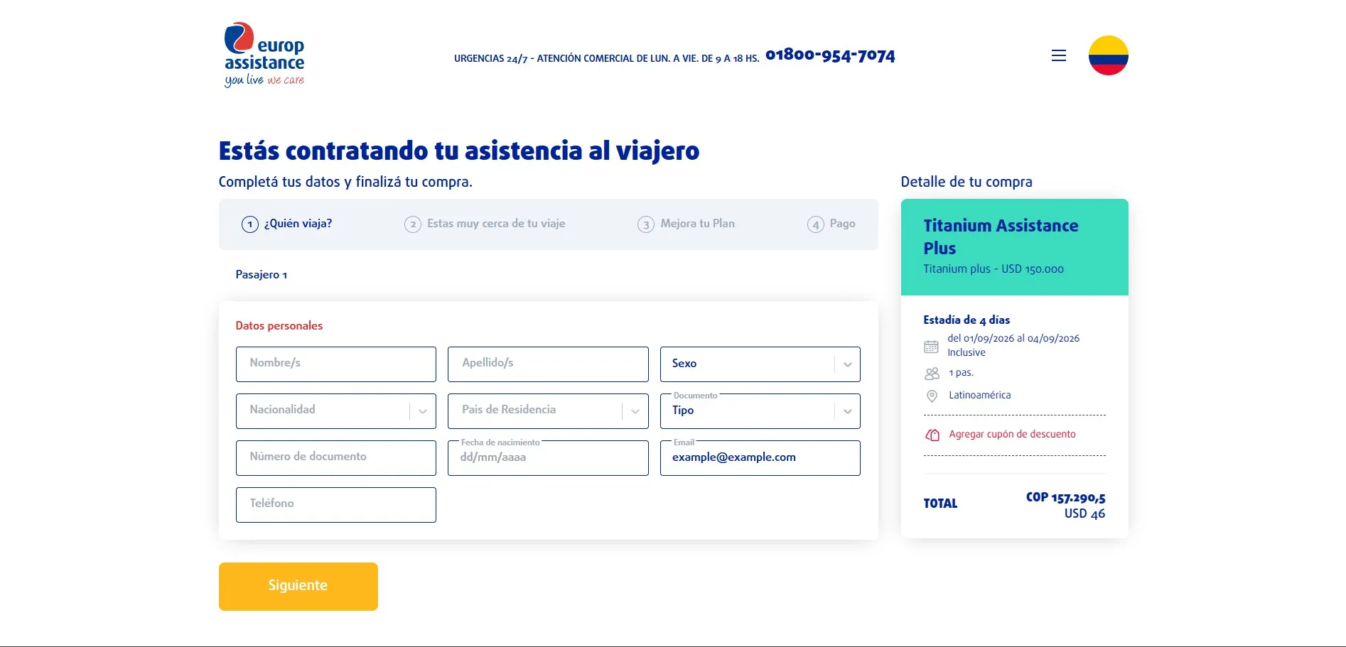 La llegada desde un link armado por atención telefónica: el checkout abre en el primer paso con el plan, las fechas y el email ya cargados, y sólo queda completar los datos del pasajero.