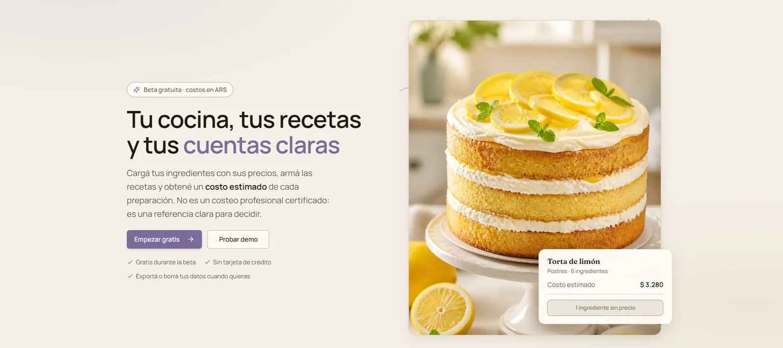 Landing de Kocin: el titular «Tu cocina, tus recetas y tus cuentas claras» junto a la foto de una torta de limón, con la tarjeta de costo estimado de la receta.