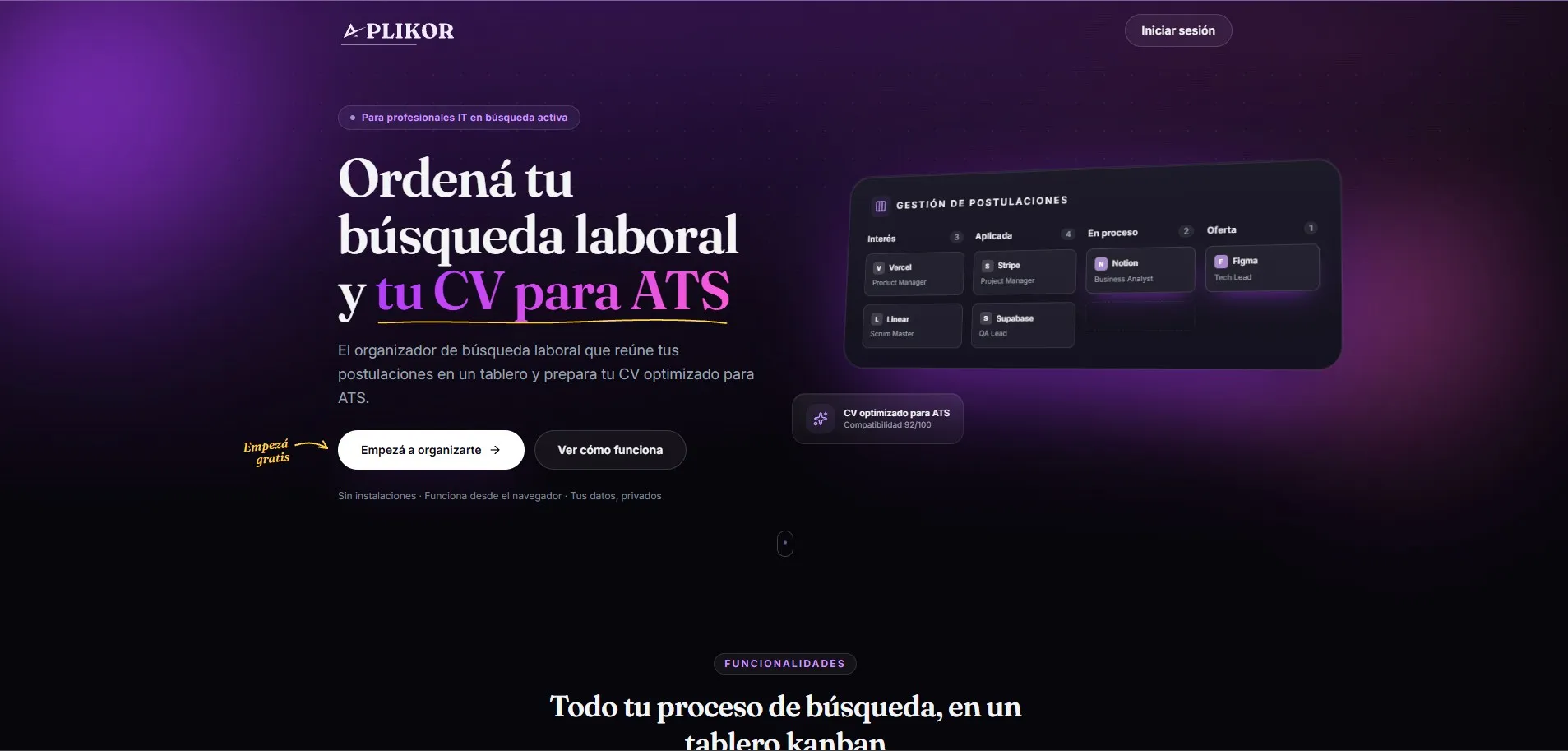 Landing de Aplikor: el titular sobre fondo violeta oscuro junto al tablero de postulaciones con las columnas Interés, Aplicada, En proceso y Oferta.