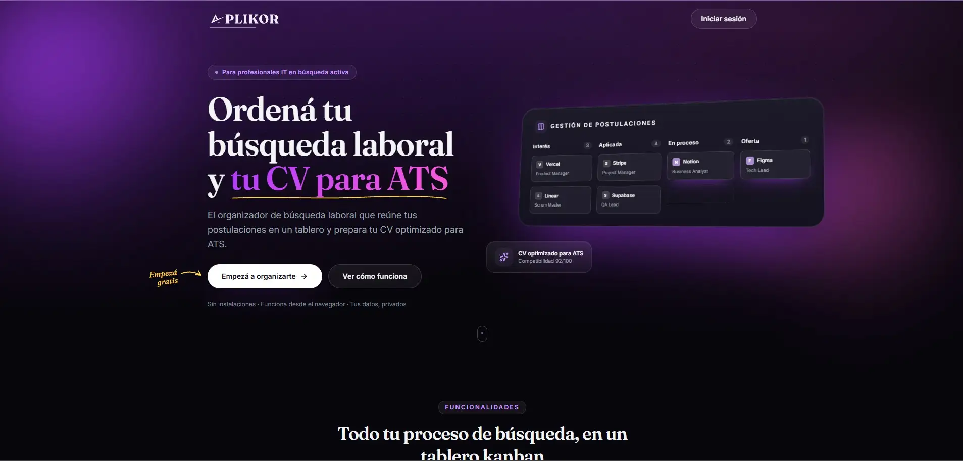 Landing de Aplikor: el titular sobre fondo violeta oscuro junto al tablero de postulaciones con las columnas Interés, Aplicada, En proceso y Oferta.